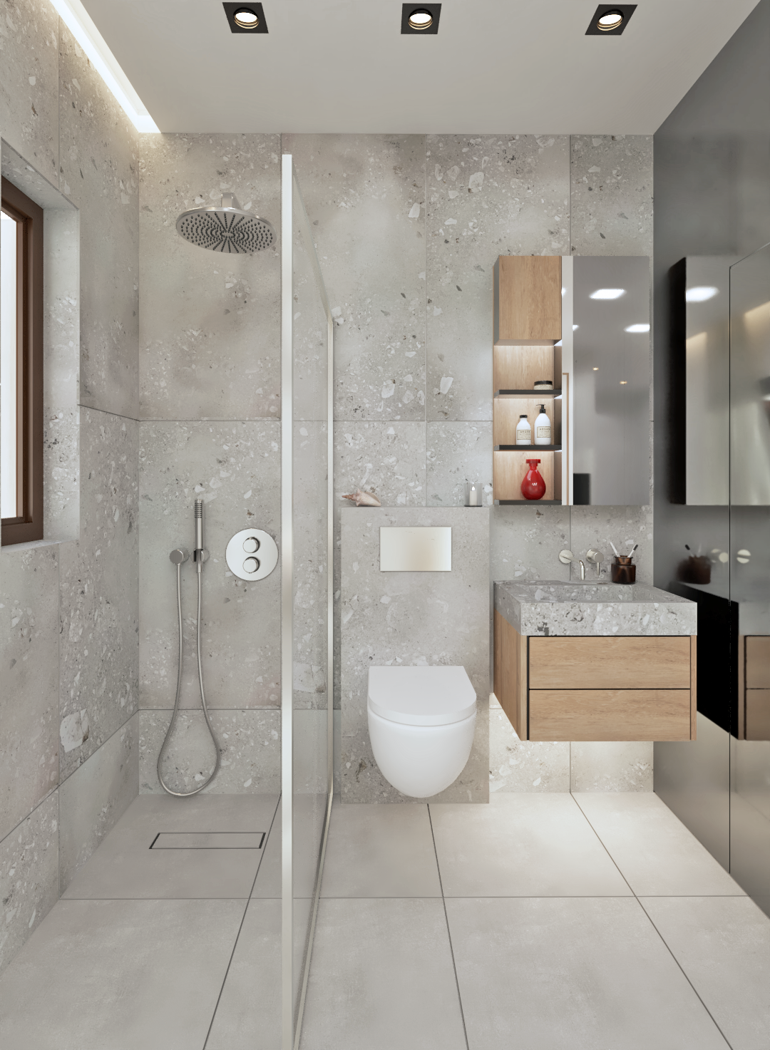 Sleek bathroom featuring a walk-in rain shower, floating wooden vanity, and stone terrazzo tiles.