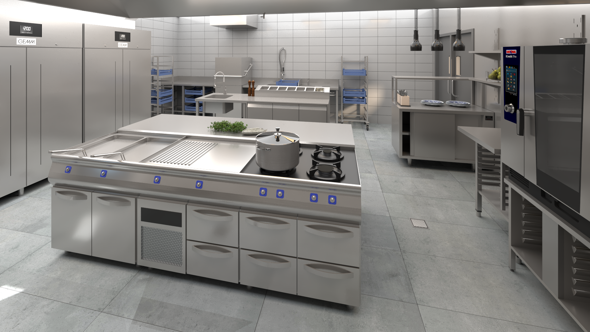 3D visualization of a commercial kitchen with modern catering equipment.