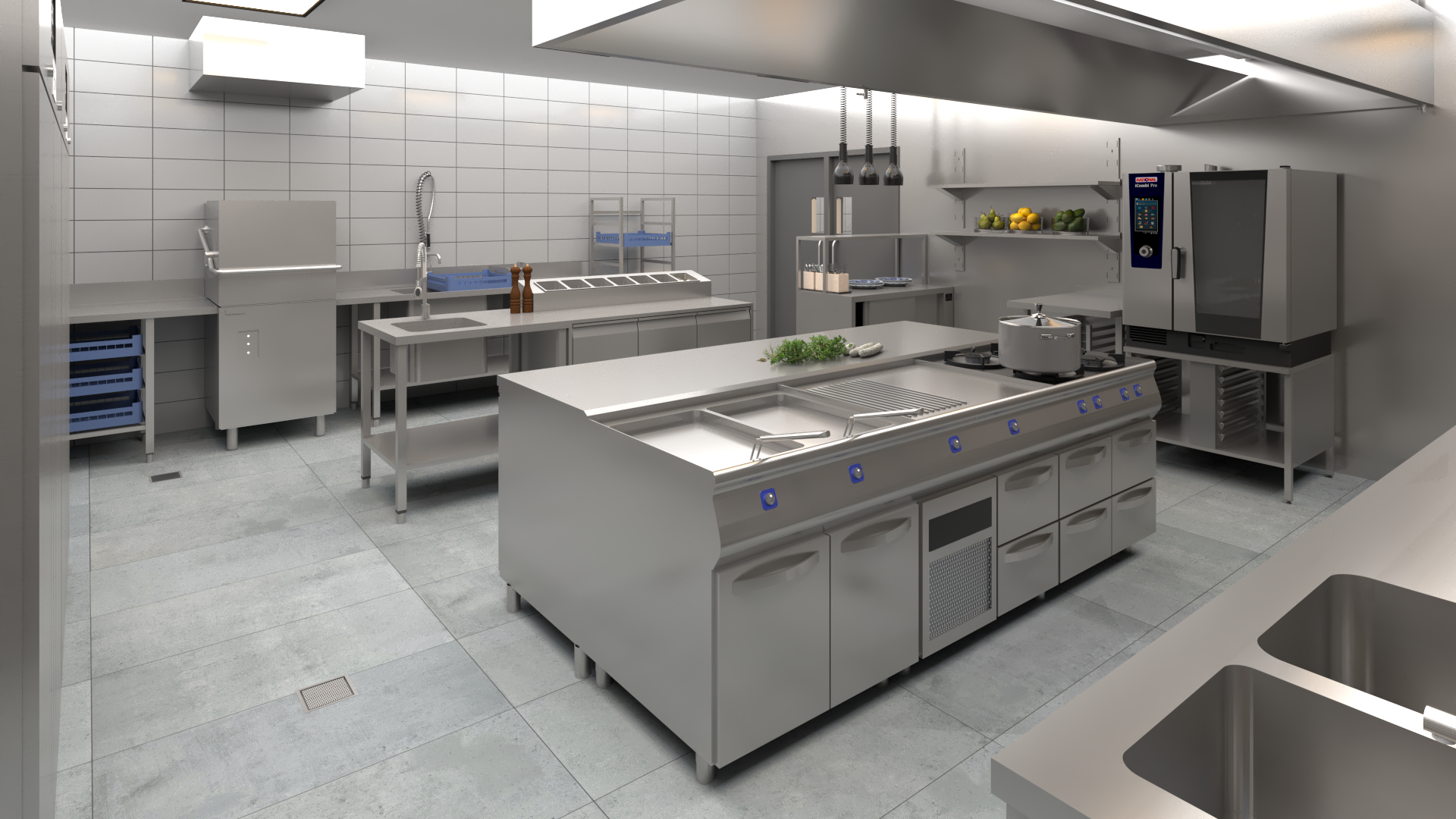 Layout planning and ergonomic design of a professional kitchen.